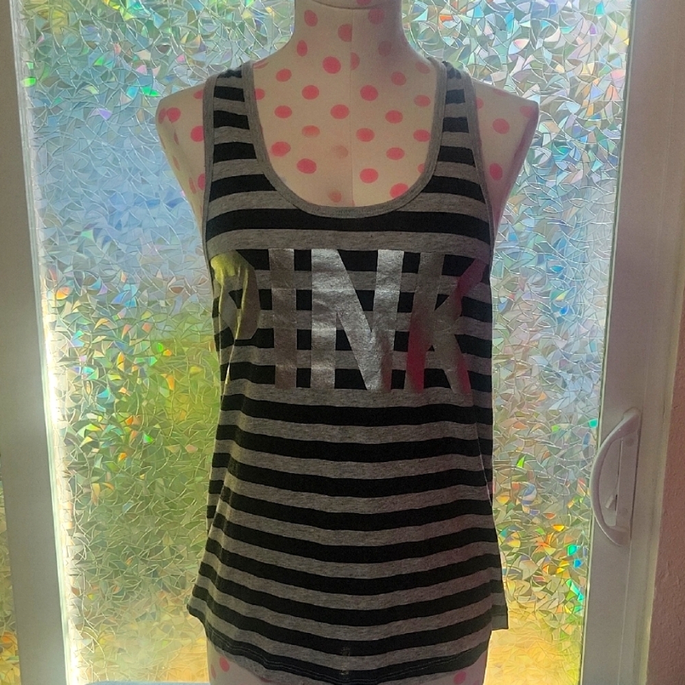 Y2K Vintage VS Pink Razorback Oversized Black & Grey Striped Tank Top Lace SZ:XS